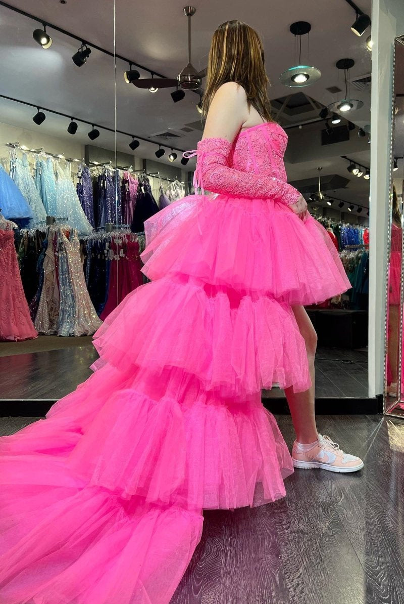 Sue | Hot Pink Off - Shoulder A - line Tulle Layers Applique Hi - Low Prom Dress - KissProm