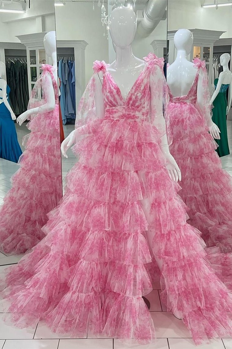 KissProm-Kylee V-Neck Tie Straps Pink Floral Print Layered Long Prom Dress