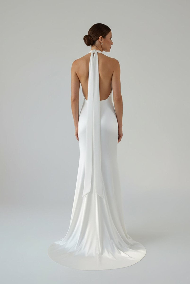 Sheath Satin Backless Halter Wedding Dress - KissProm