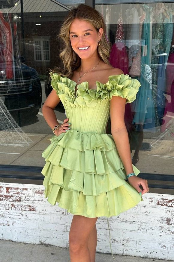 A-Line Off-the-Shoulder Corset Ruffle Tiered Homecoming Dress