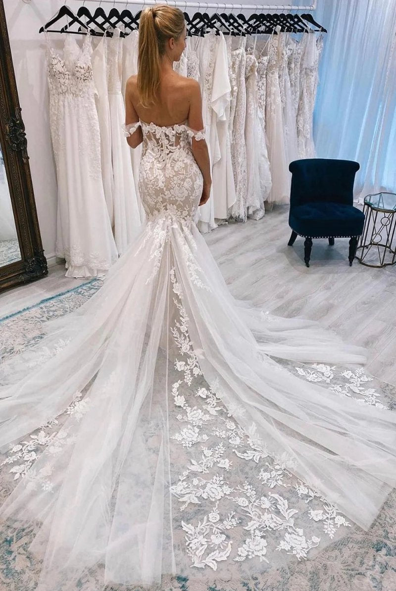 Ivory Off the Shoulder Long Lace Mermaid Wedding Dress