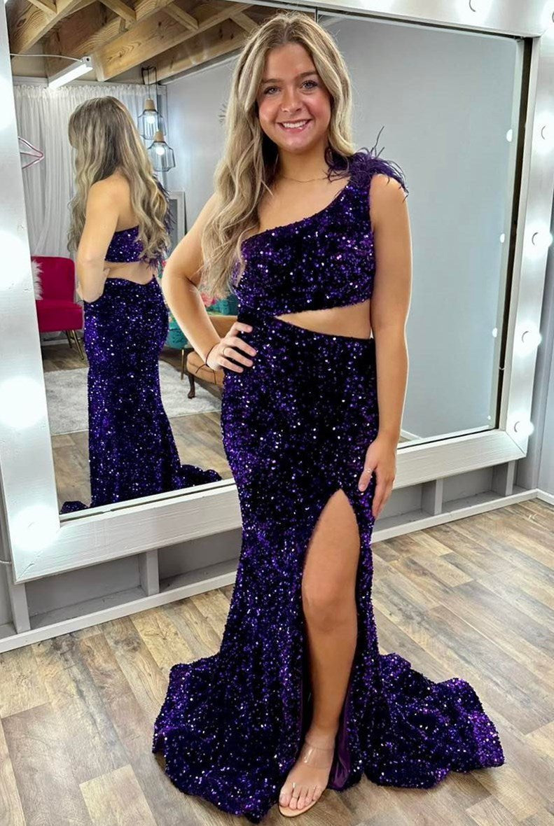 Paola | Sequin Feather One - Shoulder Mermaid Long Dress with Slit - KissProm