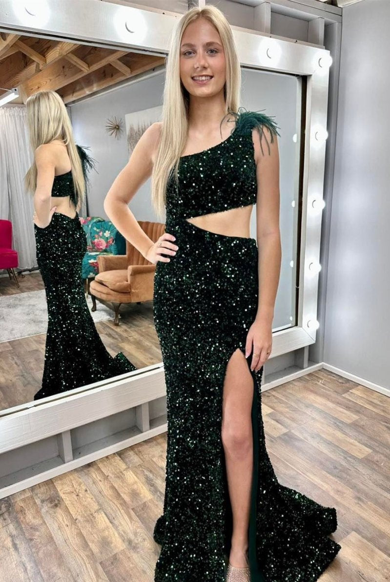 Paola | Sequin Feather One - Shoulder Mermaid Long Dress with Slit - KissProm