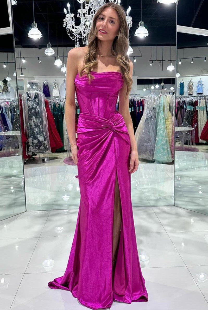 Nadia |Mermaid Strapless Satin Long Prom Dress With Slit