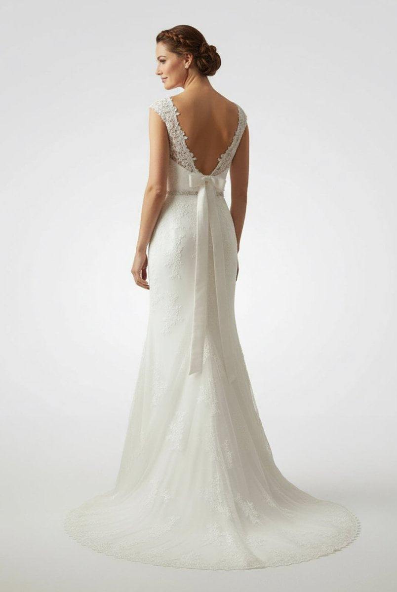 Bateau Neck Cap Sleeve Fit and Flare Lace Wedding Dress - KissProm