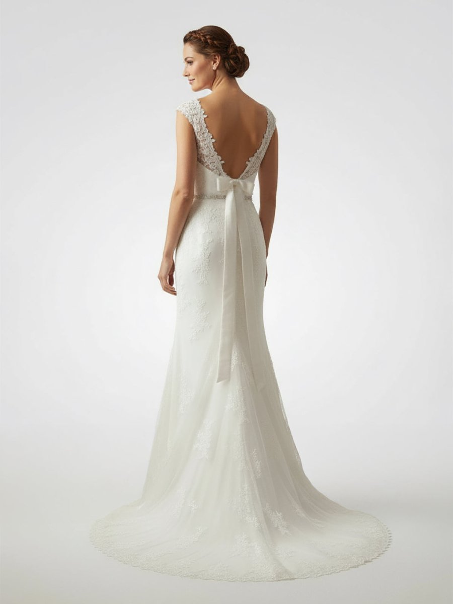 Bateau Neck Cap Sleeve Fit and Flare Lace Wedding Dress - KissProm