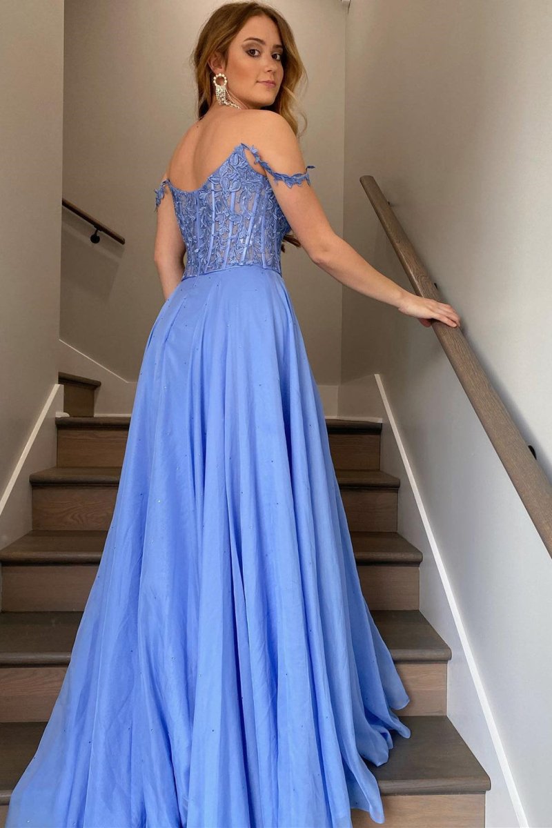 Periwinkle Off - the - Shoulder A - line Princess Prom Gown - KissProm