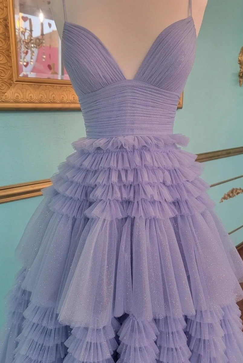 Amanda| A-Line Spaghetti Straps Long Tiered Tulle Prom Dress With Split