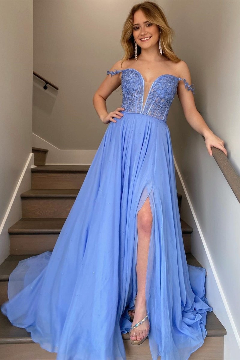 Periwinkle Off - the - Shoulder A - line Princess Prom Gown - KissProm
