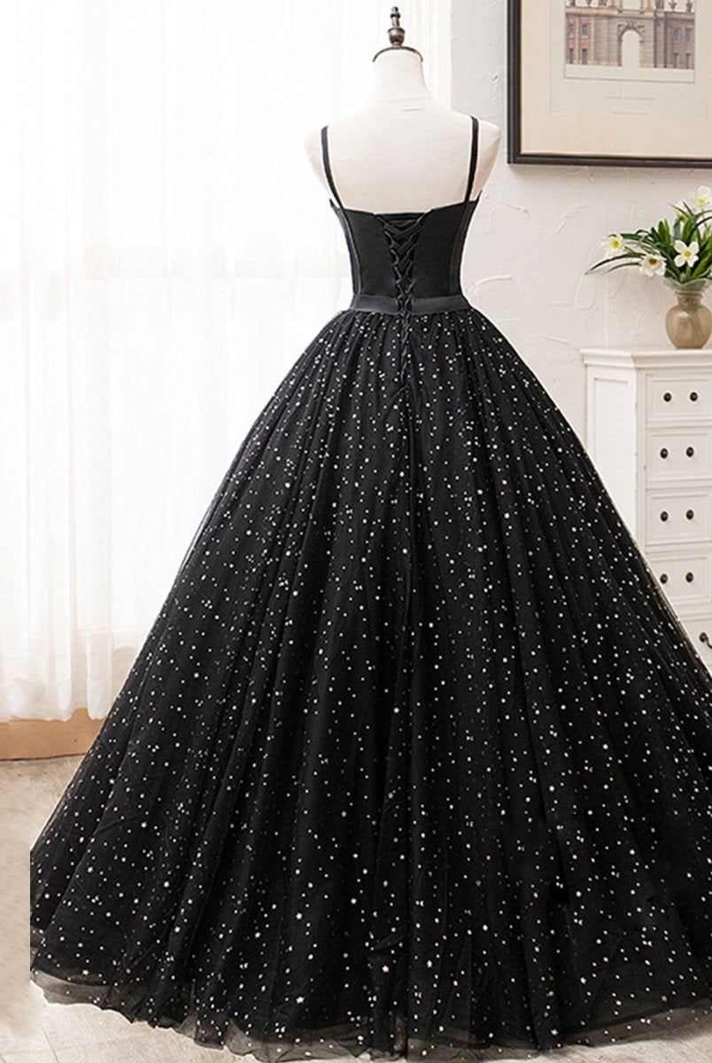 V Neck Glitter Black Long Prom Dress - KissProm