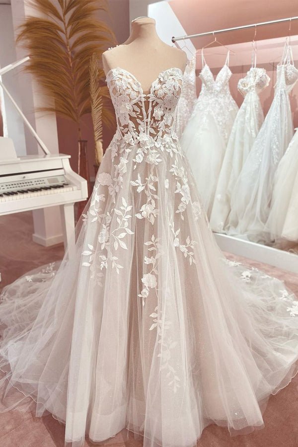 Charming A Line Sweetheart Tulle Long Wedding Dresses with Appliques VK23050901