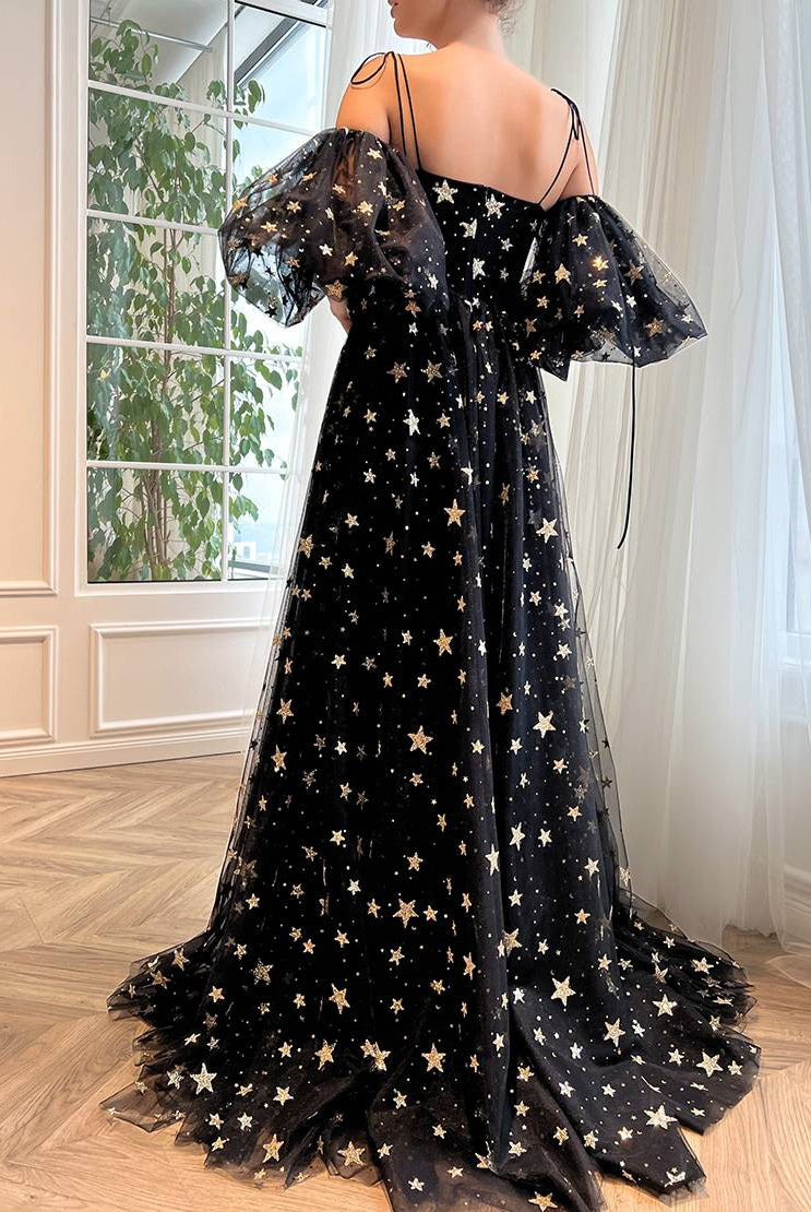 Tara | Side Slit Black Prom Dress with Stars