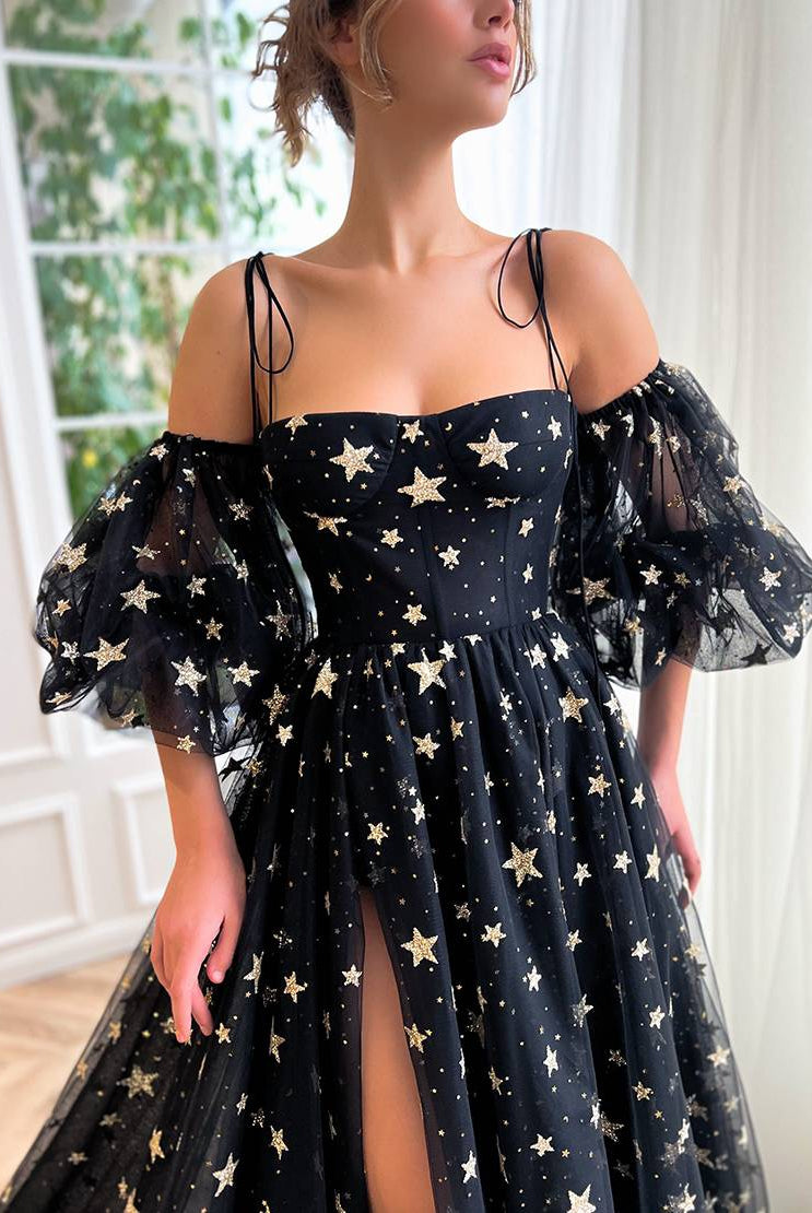 Tara | Side Slit Black Prom Dress with Stars