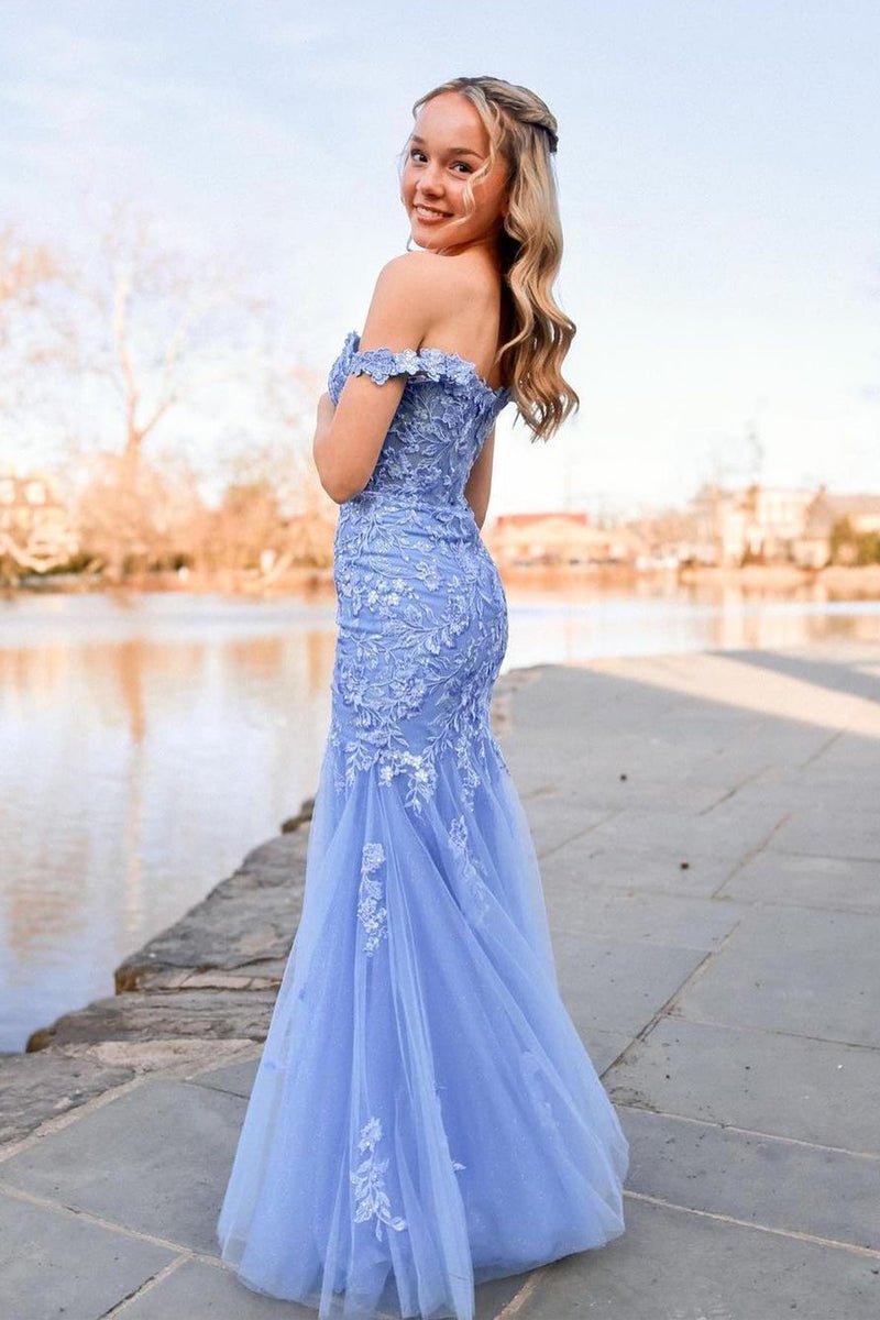 Lavender Off the Shoulder Tulle Appliques Mermaid Long Prom Dresses - KissProm