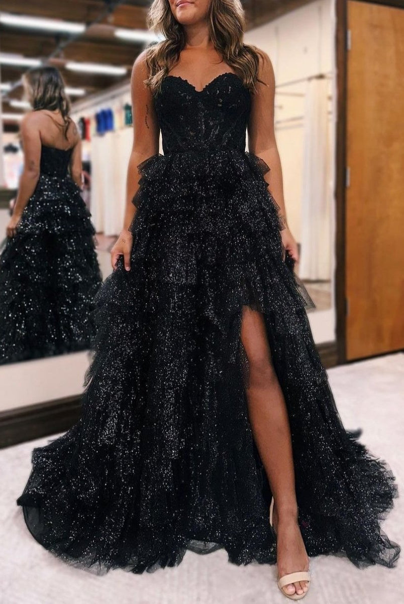 Ariya |A line Off-the-Shoulder Glitter Tulle Prom Dress with Slit
