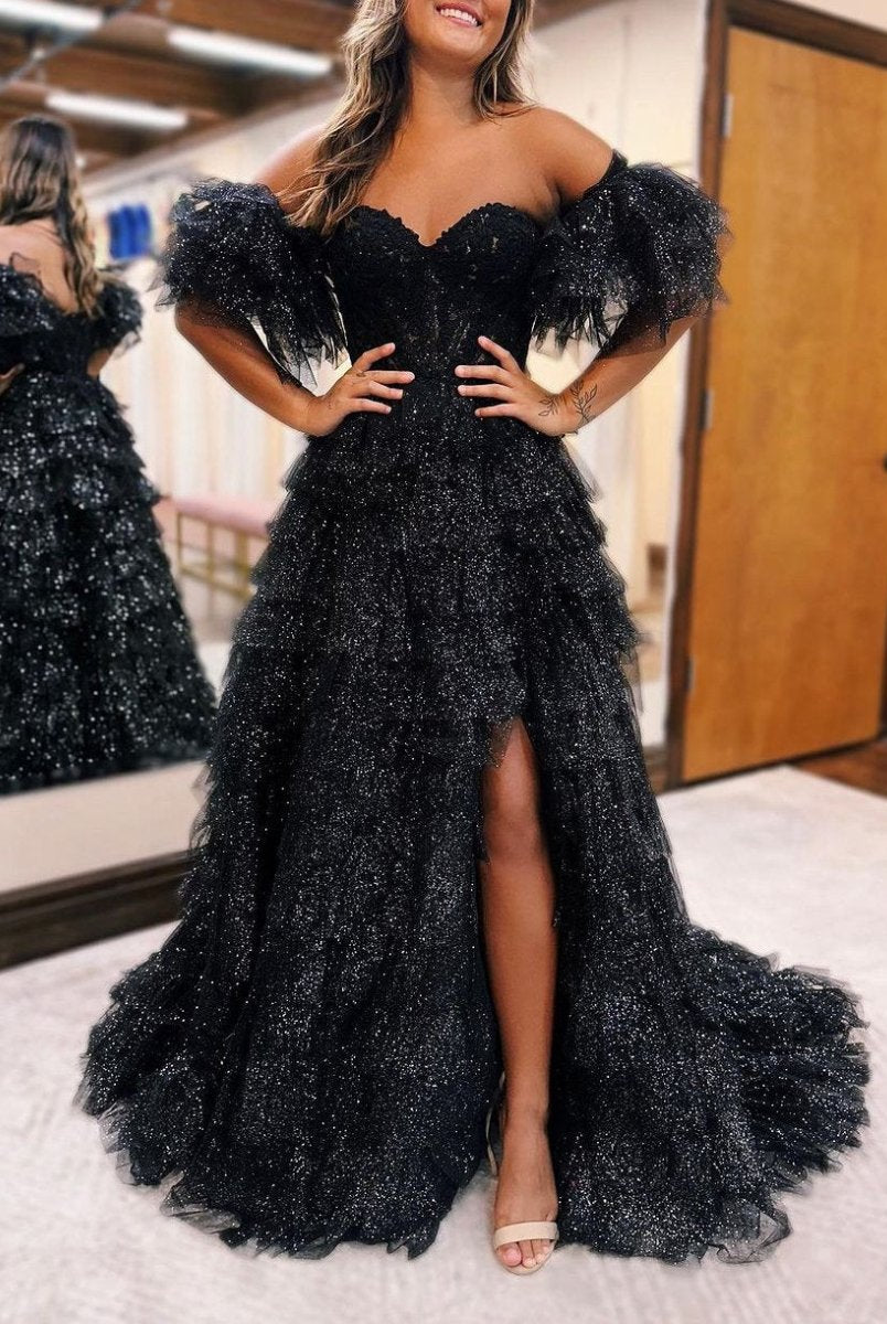 Ariya |A line Off-the-Shoulder Glitter Tulle Prom Dress with Slit