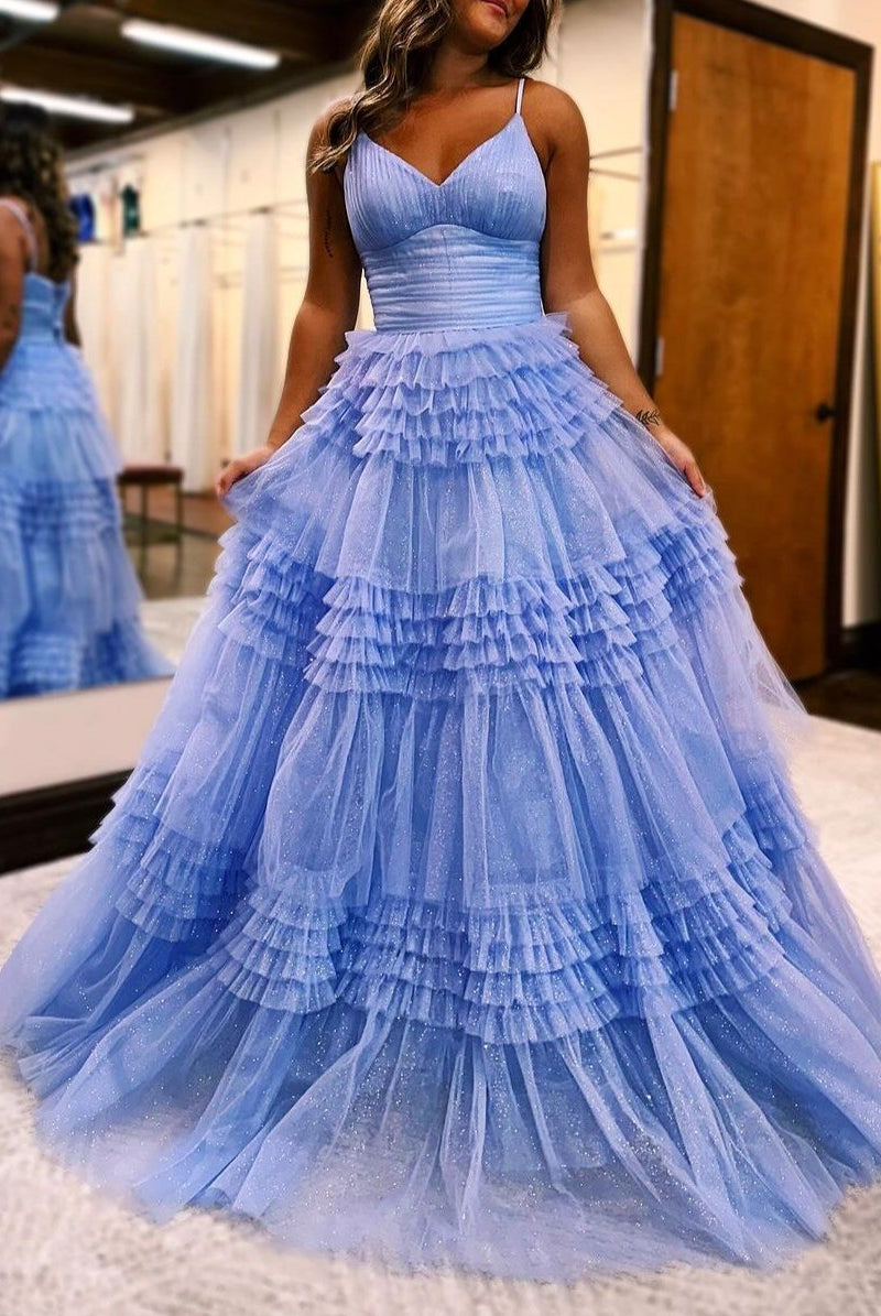 Emerson |A-Line Deep V Neck Tiered Long Glitter Tulle Prom Dress