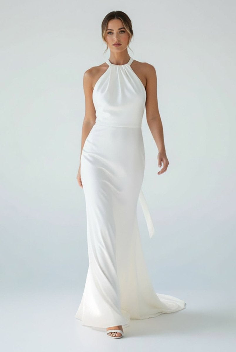 Sheath Satin Backless Halter Wedding Dress - KissProm