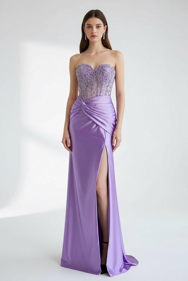 Eirene | Purple Sweetheart Mermaid Satin Long Prom Dress with Beading - KissProm