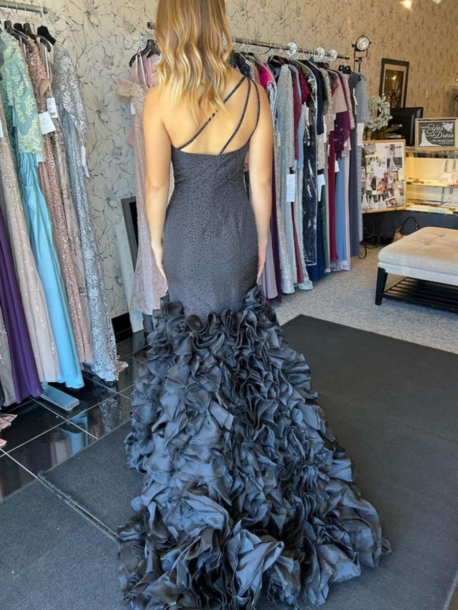 Mermaid Black One Shoulder Tiered Seqins Long Prom Dress - KissProm