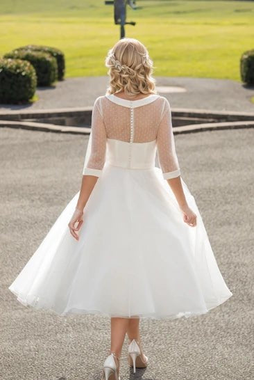 Tea-Length A-Line Bateau Neck Illusion Sleeve Bowed Tulle Wedding Dress