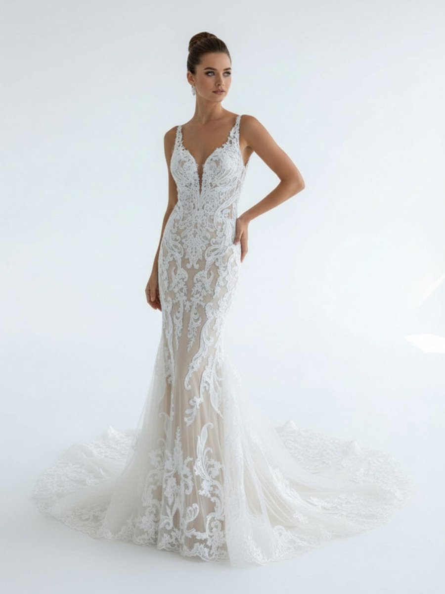 Mermaid V Neck Tulle Lace Wedding Dresses with Train - KissProm