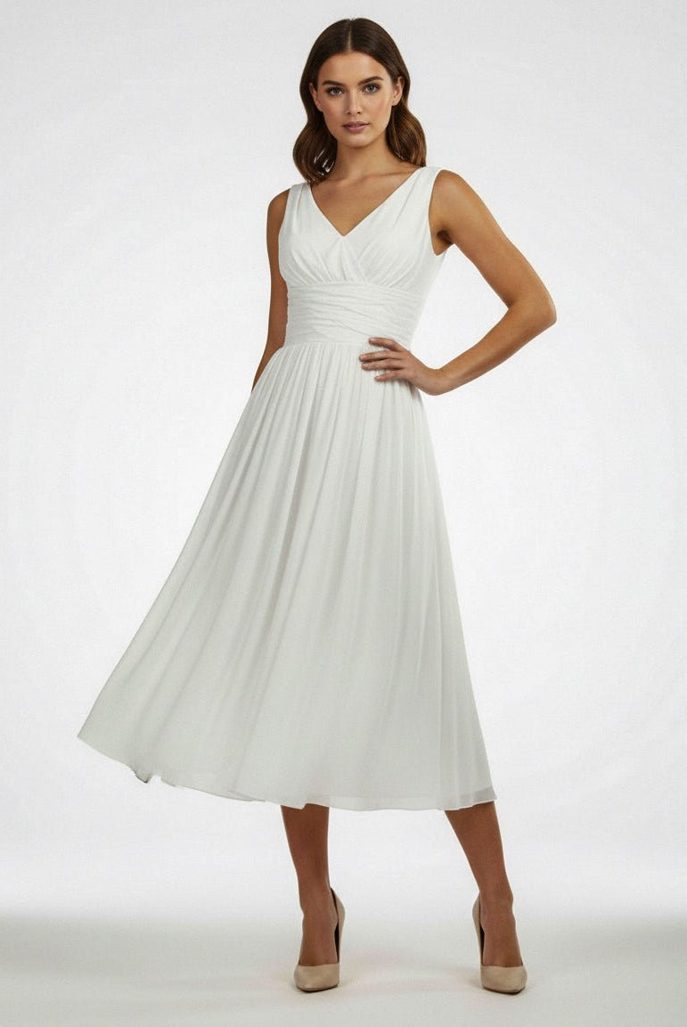 V - Neck Sleeveless Tea - Length Chiffon Wedding Dress With Ruching And Low - V Back - KissProm