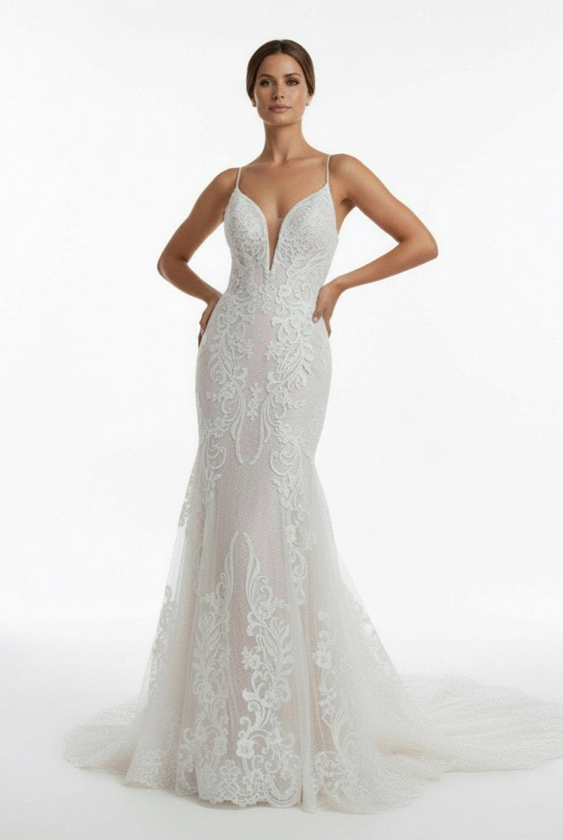 Aliza | Ivory Mermaid Spaghetti Straps Backless Long Lace Wedding Dress - KissProm