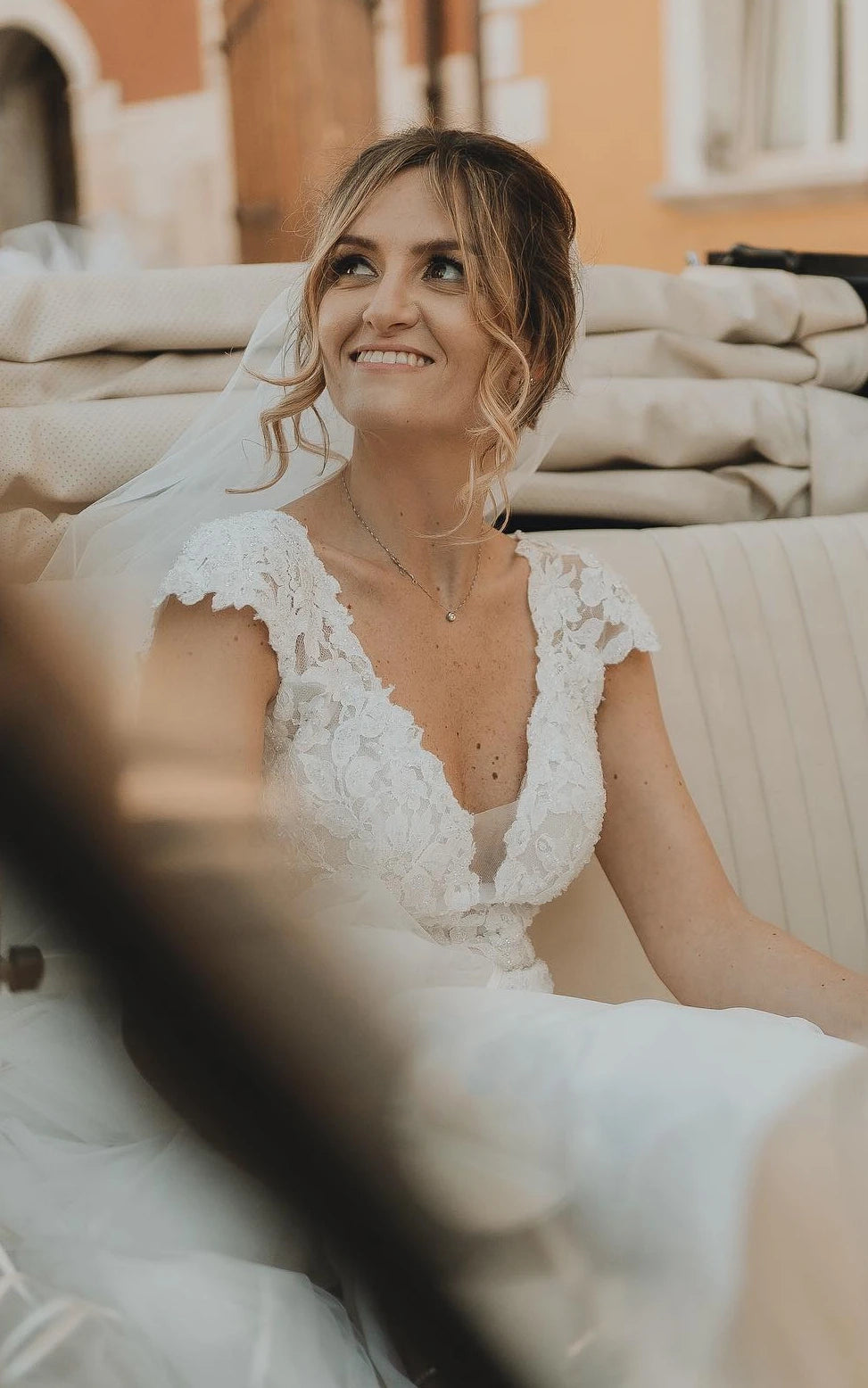 Sheath V-neck Chiffon Modern Wedding Dress With Short Sleeve And Sweep Train