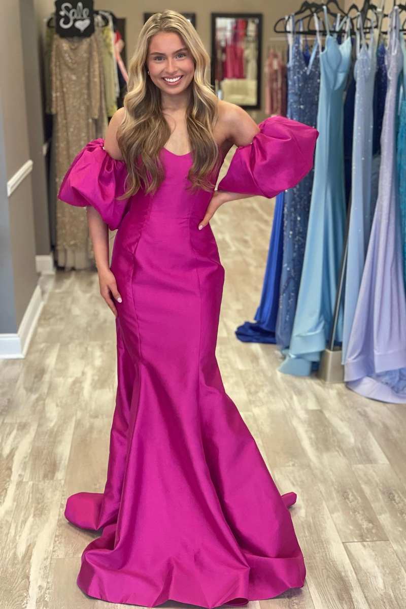 Magenta Satin Strapless Trumpet Long Prom Dress - KissProm