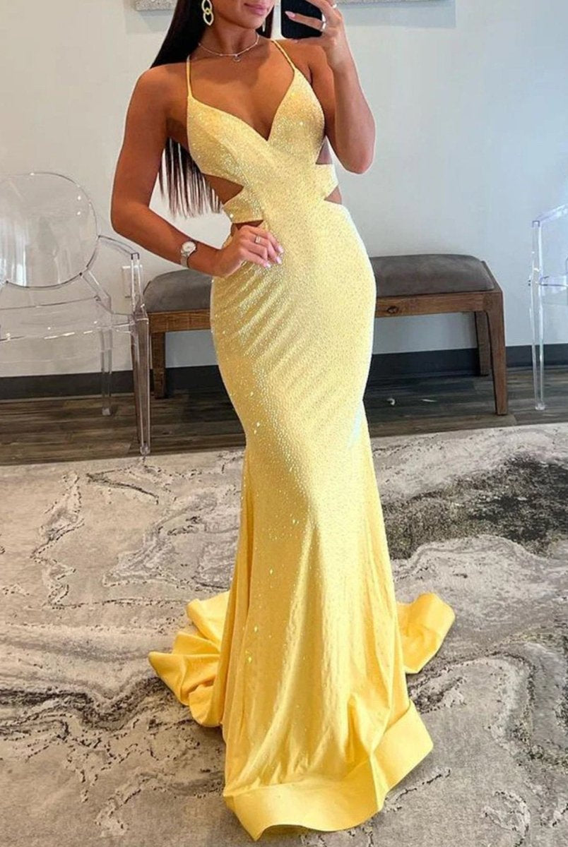 Glint | Sparkly Mermaid V Neck Yellow Sequins Long Prom Dresses - KissProm