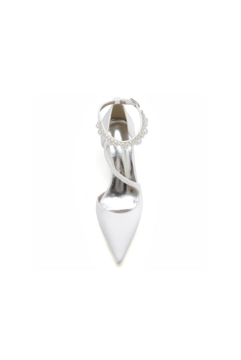 White Satin Heels with Cross - Strap Design and Pearl - Accented Buckle - KissProm
