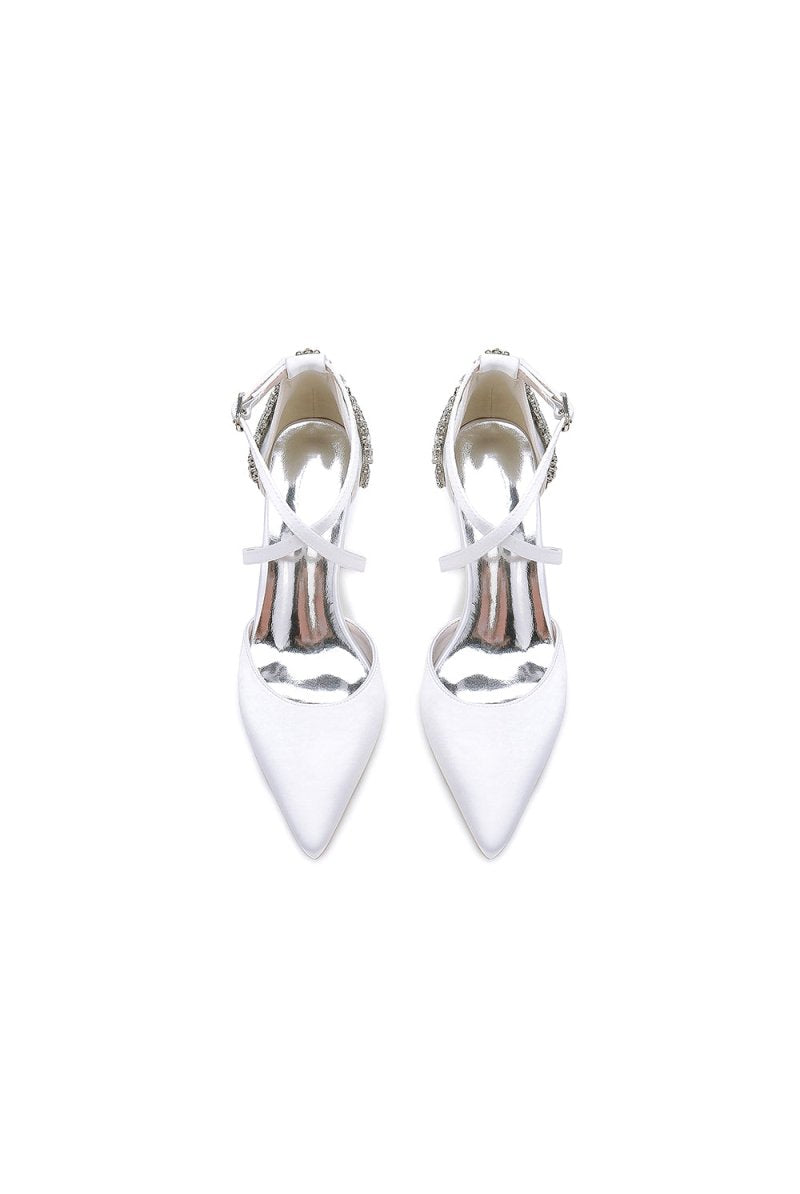 White Satin Pump with Cross - Strap and Metal Accent - KissProm