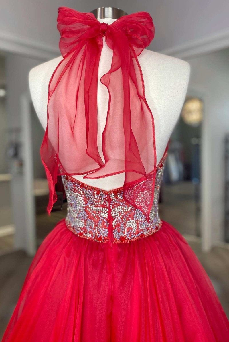 Red Beaded Halter Backless A-Line Long Prom Gown