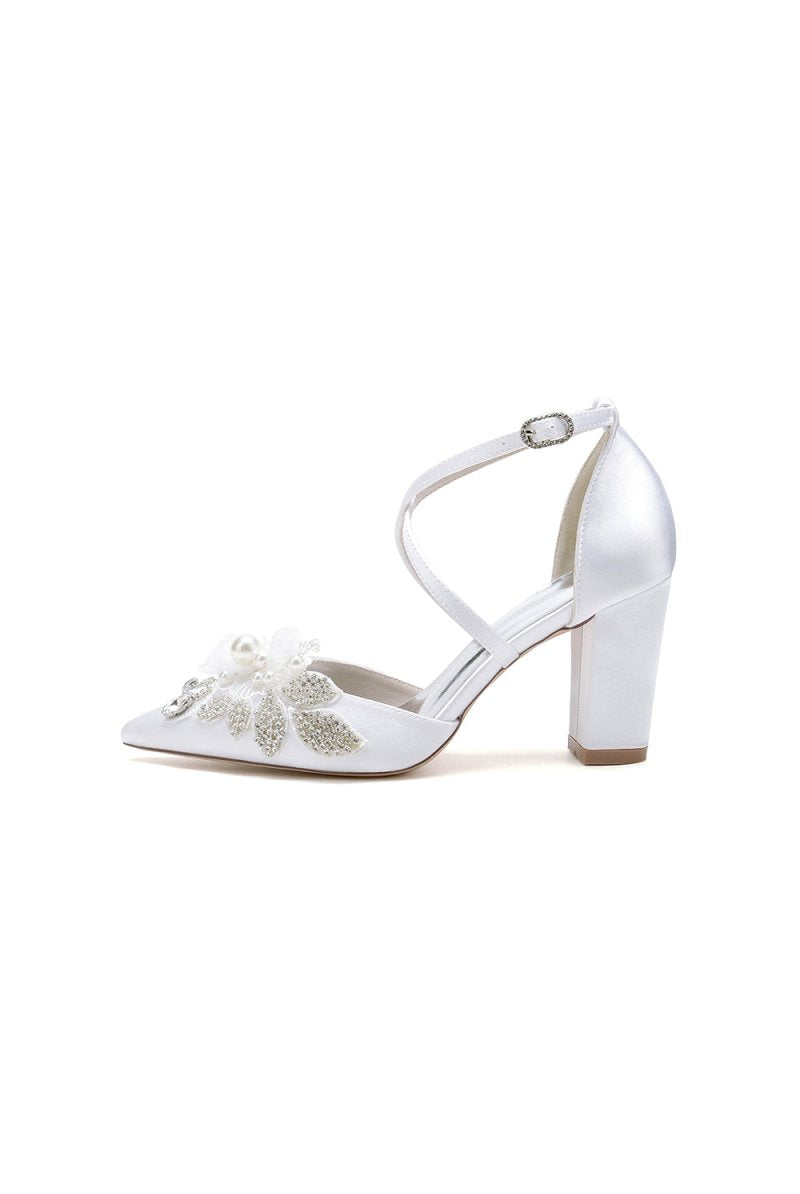 White Silk Pump with Handcrafted Flower and Crystal Embellishments - KissProm