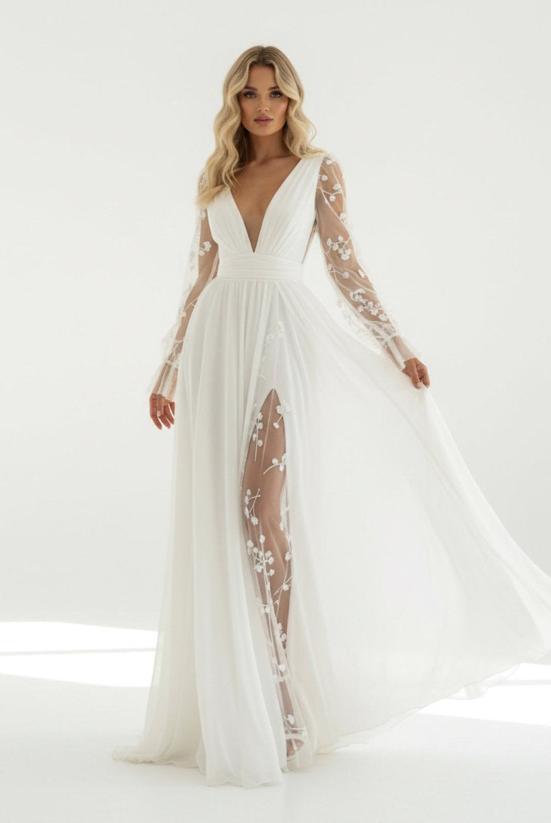 Long Sleeve Boho Flowy Wedding Dress Lace A-Line V-Neck Beach Gown with Split Front and Sweep Train