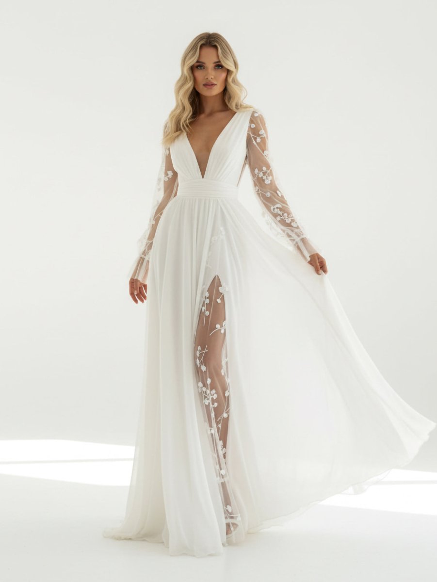Long Sleeve Boho Flowy Wedding Dress Lace A-Line V-Neck Beach Gown with Split Front and Sweep Train