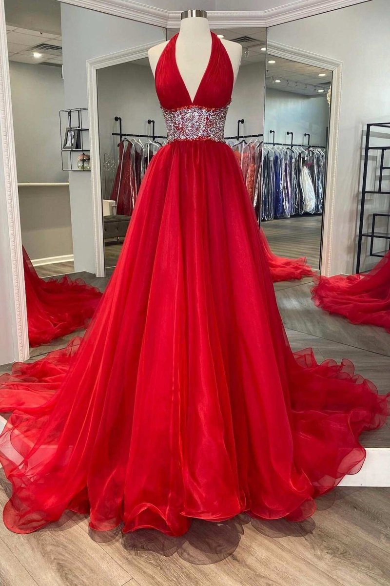 Red Beaded Halter Backless A-Line Long Prom Gown Red Beaded Halter Backless A-Line Long Prom Gown