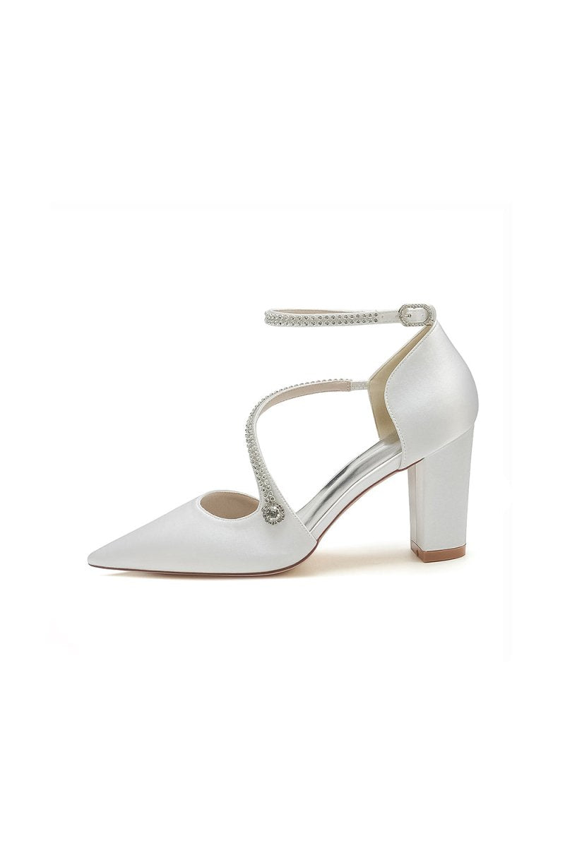 White Satin Pump with Cross - Strap and Beaded Buckle - KissProm