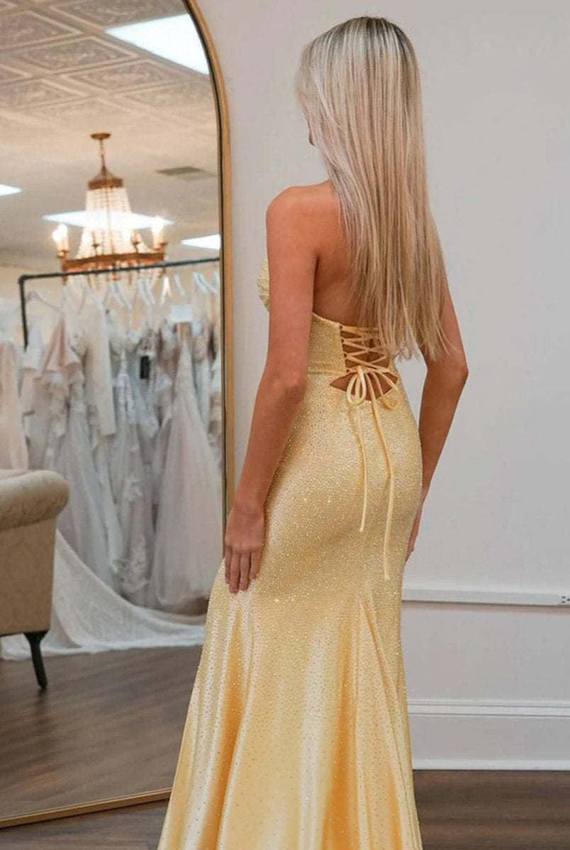 Telah | Glitter Mermaid Yellow Sweetheart Cut-out Long Prom Dress with Beading