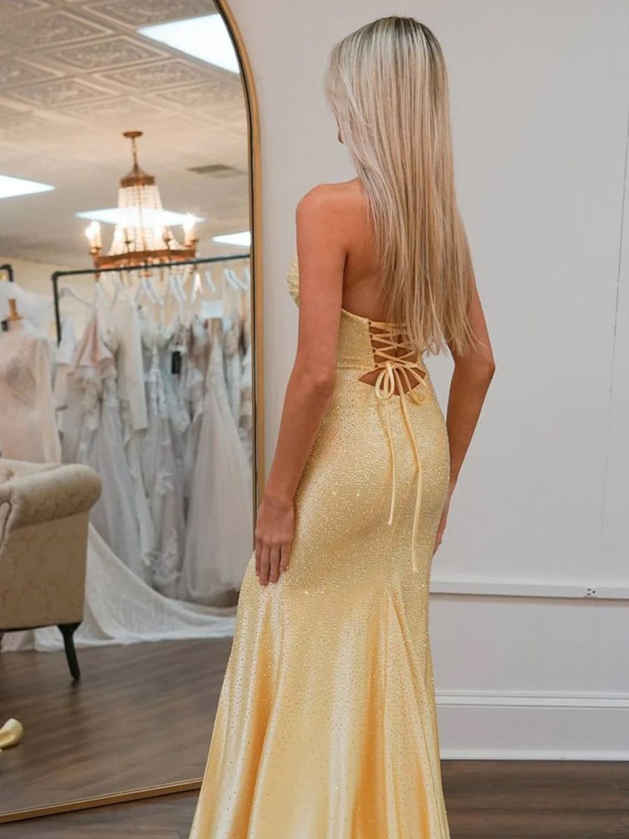 Telah | Glitter Mermaid Yellow Sweetheart Cut-out Long Prom Dress with Beading