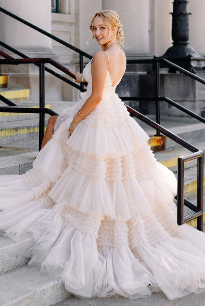 Amanda | Tulle Deep V Neck Spaghetti Straps Long Prom Dress