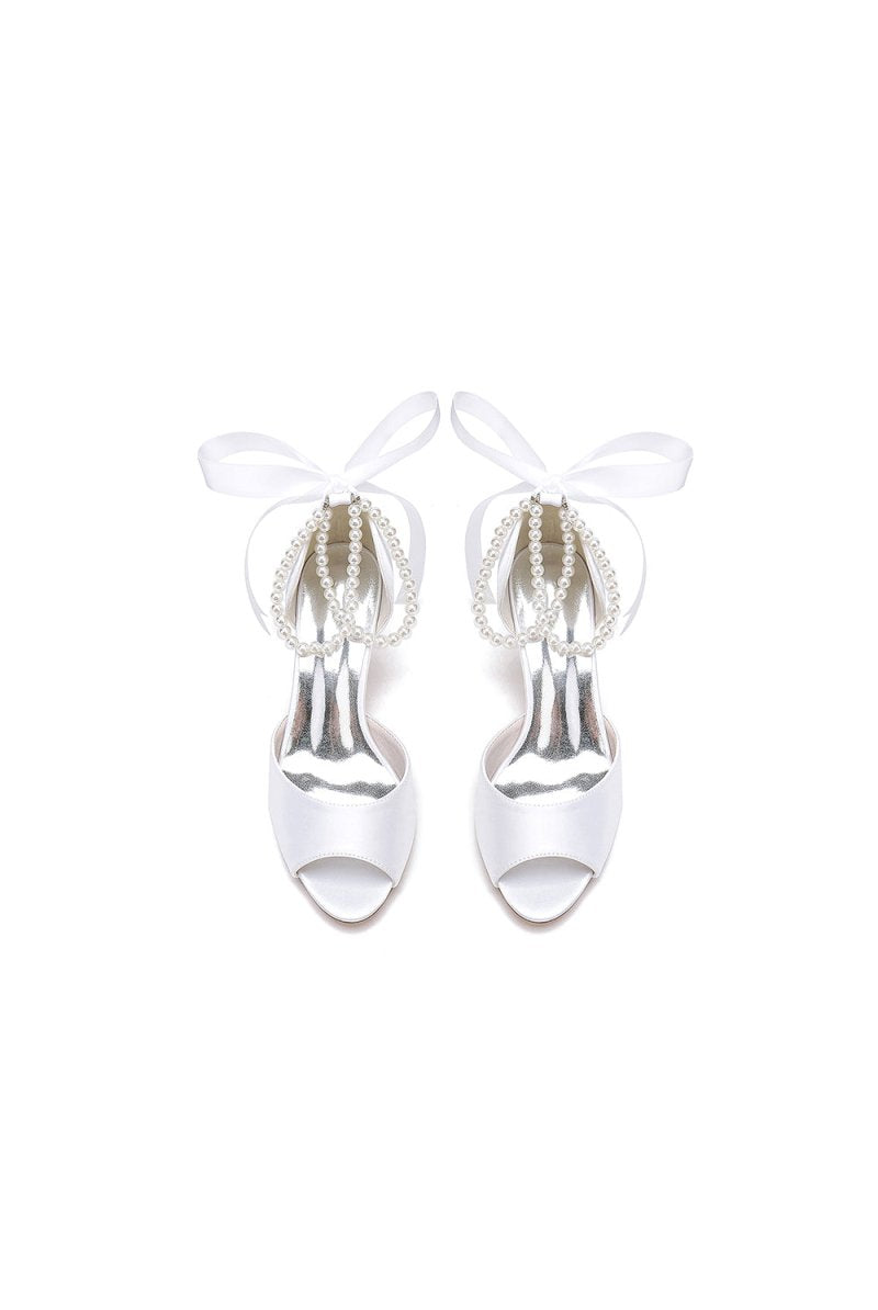 Chic White Satin Heels Featuring a Pearl-Embellished Bow