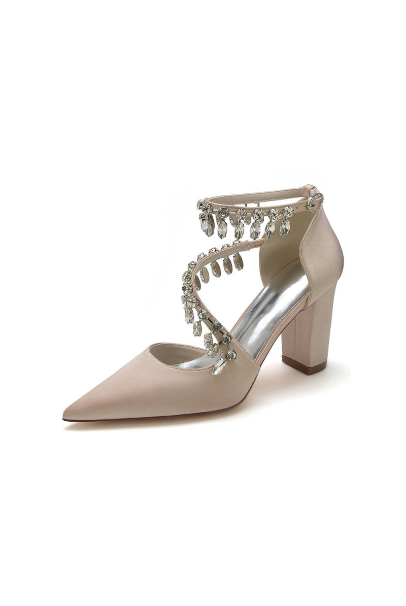 White High Heels with Chain and Crystal Accent - KissProm