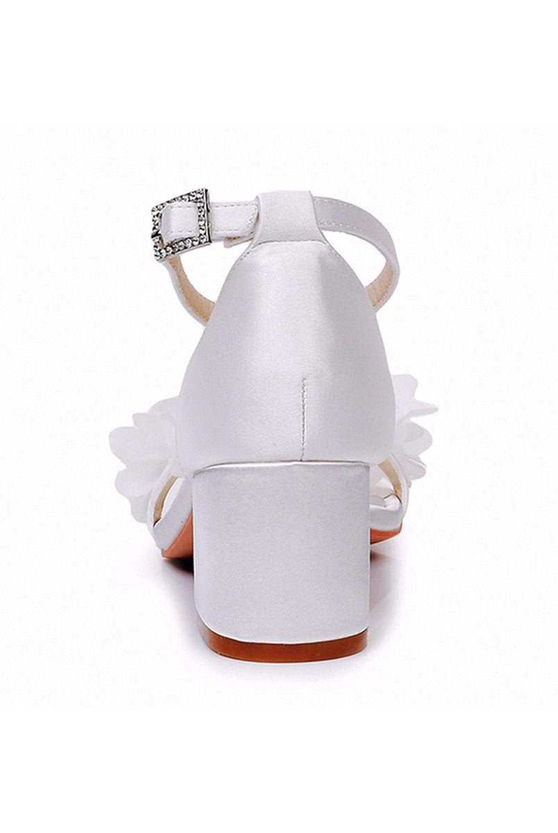 White Floral Satin Open Toe Low Chunky Heels - KissProm