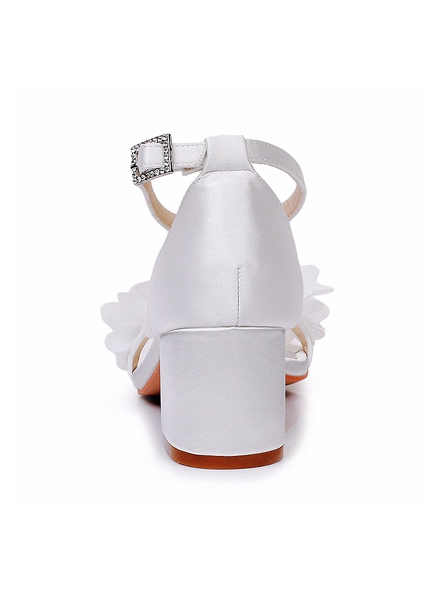 White Floral Satin Open Toe Low Chunky Heels - KissProm