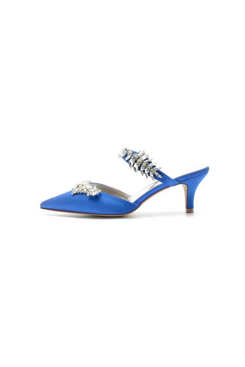 Satin Pointed Toe Mules with Crystal Rhinestone - KissProm