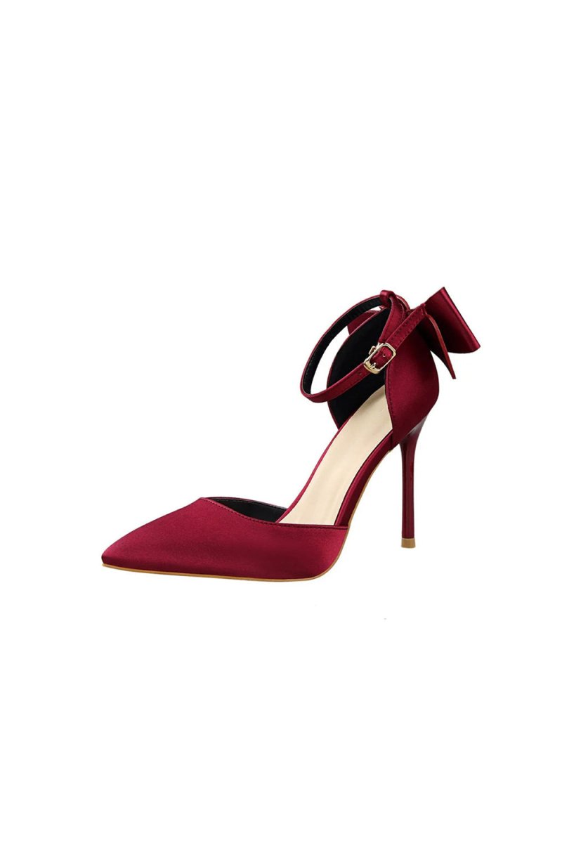 Burgundy Satin Prom Heels with Bowknot - KissProm