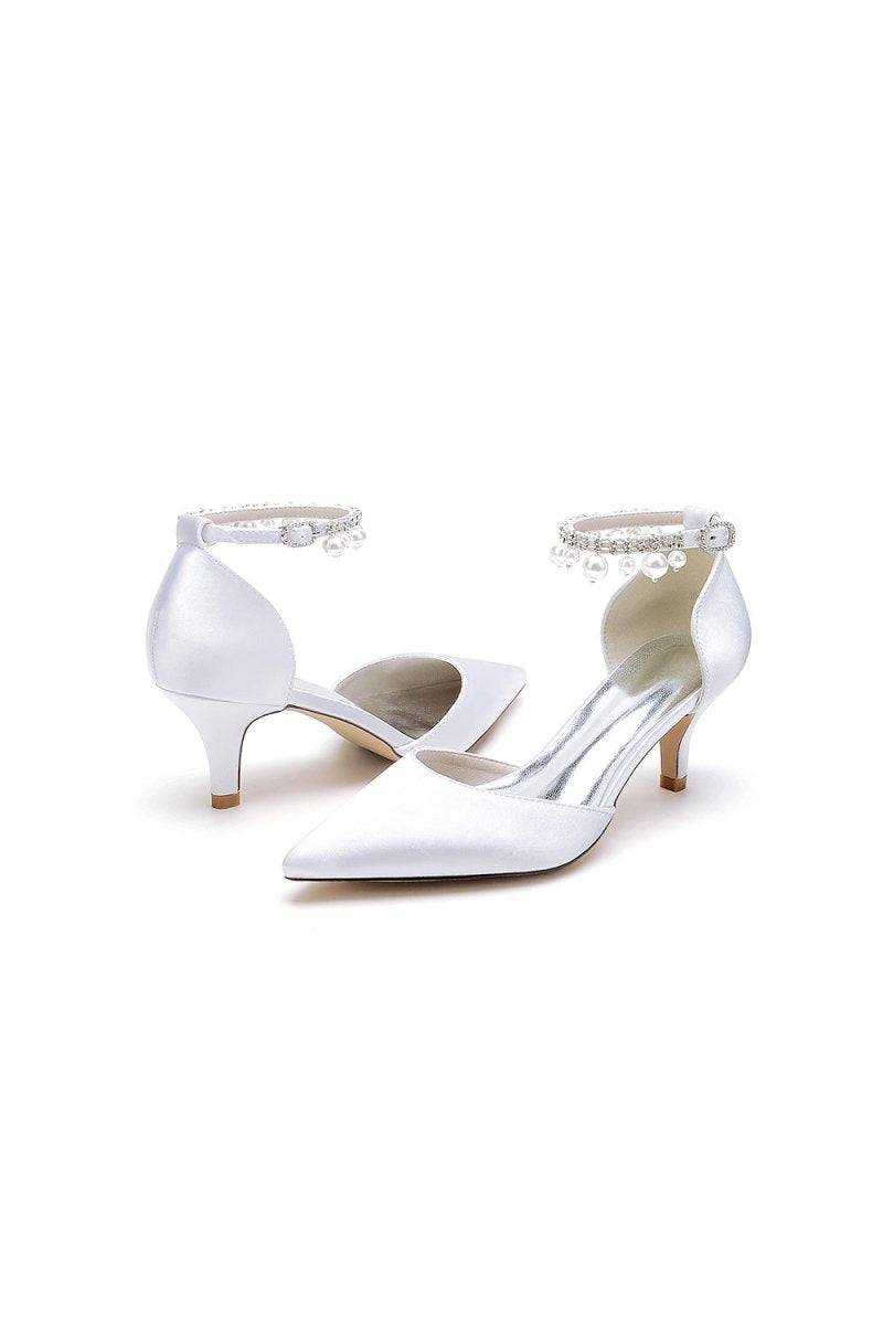 Pointed Toe Pearl Strap Kitten Heels - KissProm