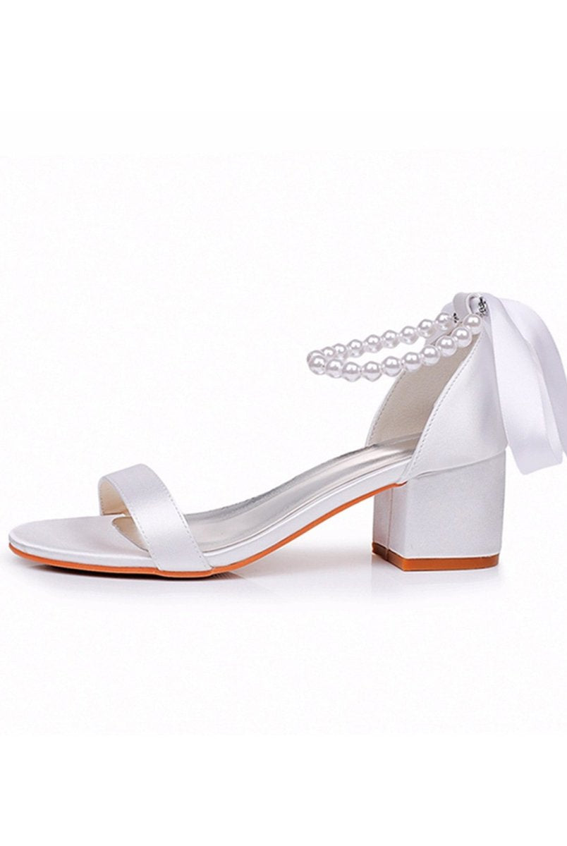 Single Strap Chunky Heels Sandals with Beaded Ribbons - KissProm